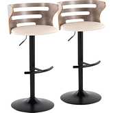Cosi Adjustable Swivel Bar Stool in Black Metal, Light Grey Wood & Cream Leatherette (Set of 2)